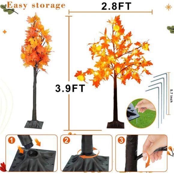 4 Ft Lighted Prelit Maple Tree Thanksgiving Decor 42 Warm White LEDs - Picture 2 of 7